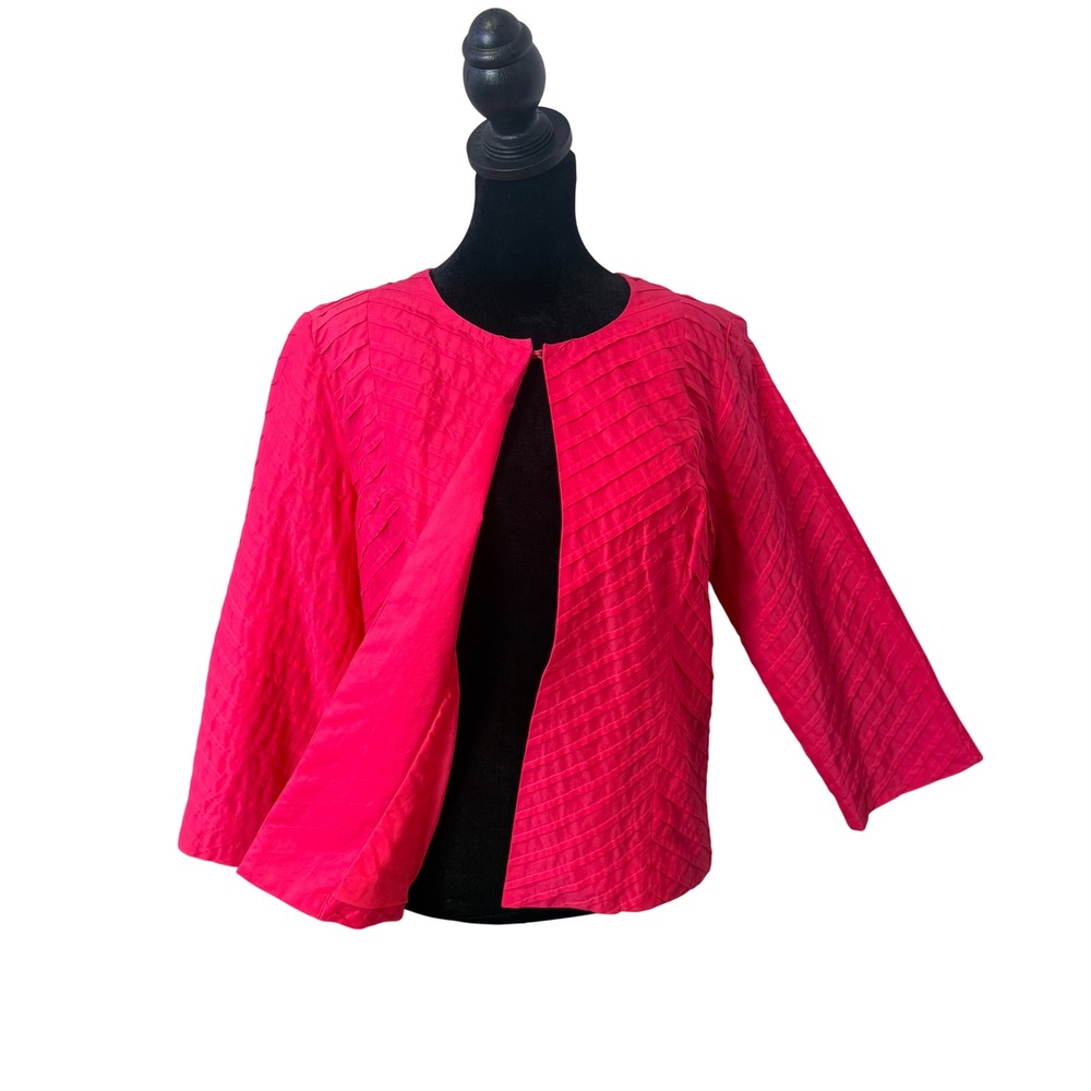 Chicos Pink Pleated Textured Open Front Jacket Size 1 Medium Cotton Blazer Bold